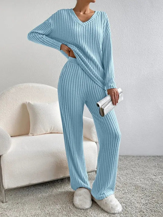 Geribbelde Loungewear Set Dames - Gebreide Trui en Broek met Wijde Pijpen Huispak Lichtblauw
