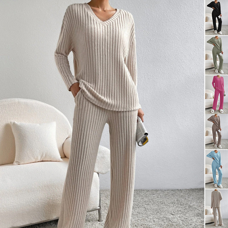 Geribbelde Loungewear Set Dames - Gebreide Trui en Broek met Wijde Pijpen Huispak