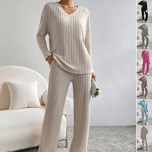 Geribbelde Loungewear Set Dames - Gebreide Trui en Broek met Wijde Pijpen Huispak