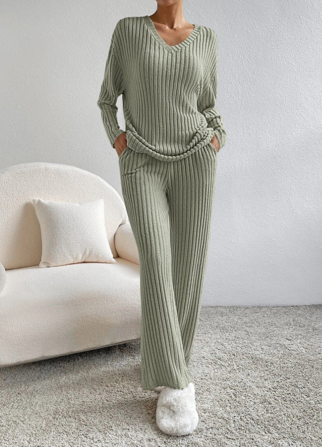 Geribbelde Loungewear Set Dames - Gebreide Trui en Broek met Wijde Pijpen Huispak