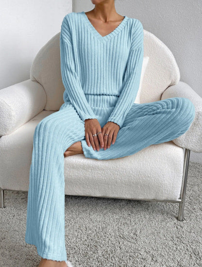 Geribbelde Loungewear Set Dames - Gebreide Trui en Broek met Wijde Pijpen Huispak