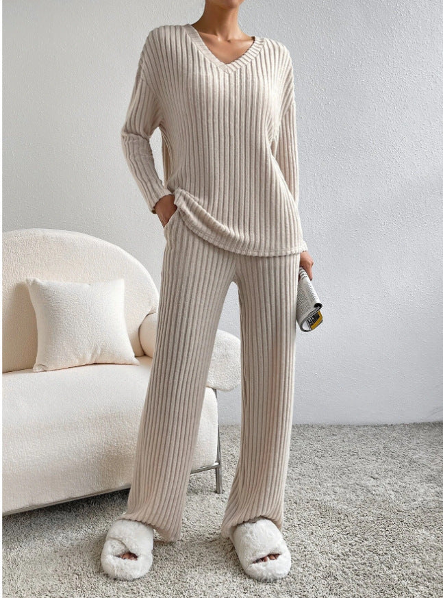 Geribbelde Loungewear Set Dames - Gebreide Trui en Broek met Wijde Pijpen Huispak Beige