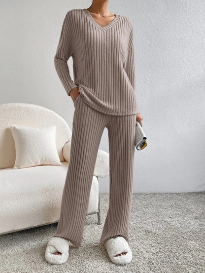 Geribbelde Loungewear Set Dames - Gebreide Trui en Broek met Wijde Pijpen Huispak Lichtbruin