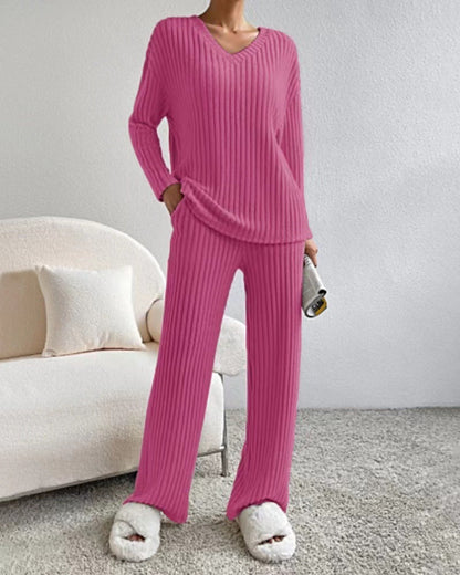 Geribbelde Loungewear Set Dames - Gebreide Trui en Broek met Wijde Pijpen Huispak Donkerroze