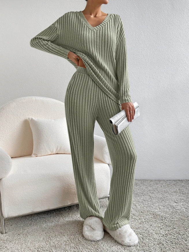 Geribbelde Loungewear Set Dames - Gebreide Trui en Broek met Wijde Pijpen Huispak Olijfgroen