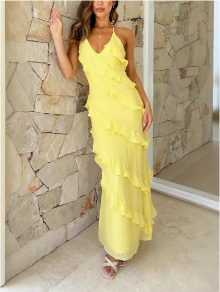 Dames Maxi Jurk met Ruffles, V-hals en Halternek