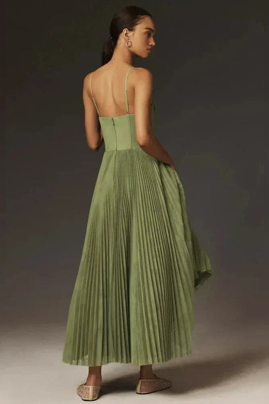 Dames Geplooide Maxi Jurk met Corset Detail Groen