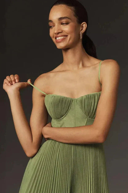 Dames Geplooide Maxi Jurk met Corset Detail Groen