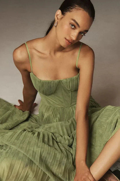 Dames Geplooide Maxi Jurk met Corset Detail Groen