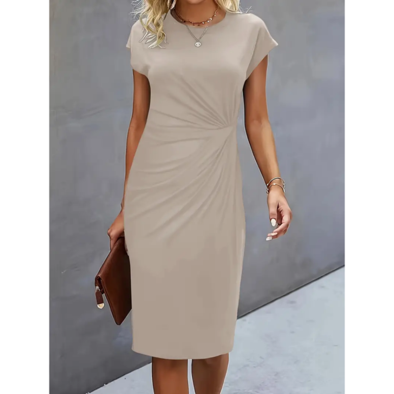 Dames Midi Jurk met Korte Mouwen en Elegante Zakelijke Pasvorm Beige