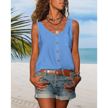 Dames Mouwloze Top met Ronde Hals en Knoopsluiting Blauw