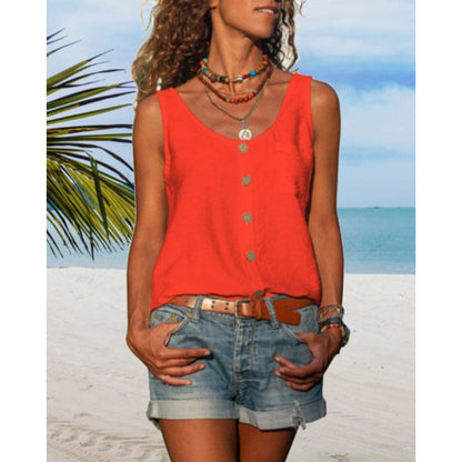 Dames Mouwloze Top met Ronde Hals en Knoopsluiting Oranje