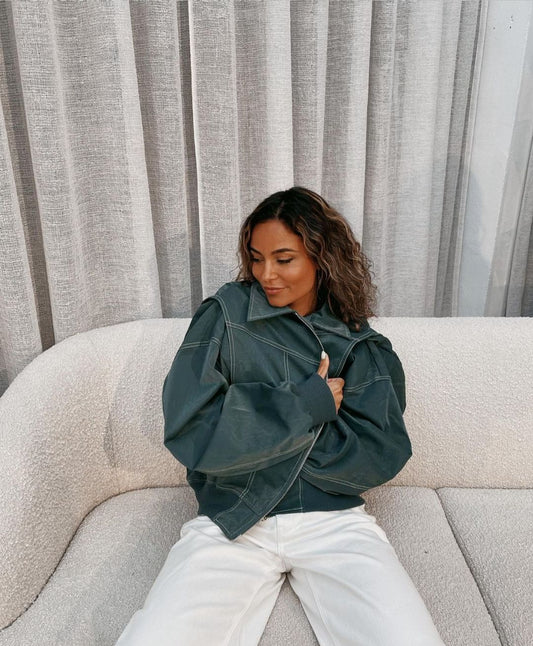 Dames Oversized Bomberjack van PU Leer met Ritssluiting Groen