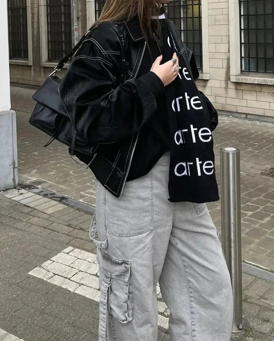 Dames Oversized Bomberjack van PU Leer met Ritssluiting Zwart