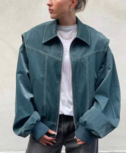 Dames Oversized Bomberjack van PU Leer met Ritssluiting