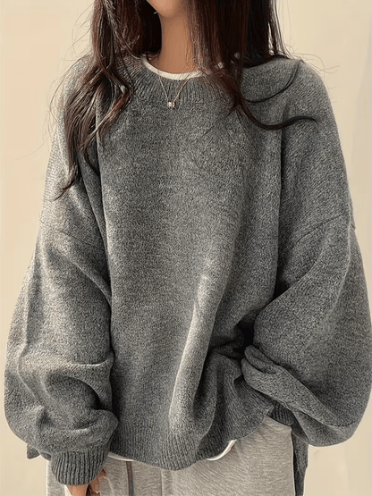 Dames Oversized Trui met Ronde Hals en Zijsplit voor Herfst en Winter Grijs