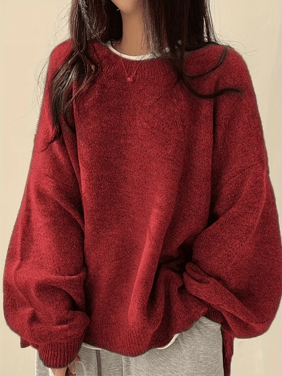 Dames Oversized Trui met Ronde Hals en Zijsplit voor Herfst en Winter Bordeauxrood