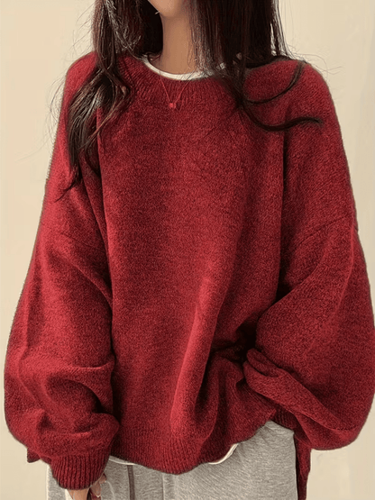 Dames Oversized Trui met Ronde Hals en Zijsplit voor Herfst en Winter Bordeauxrood