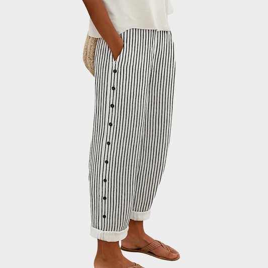 Dames Lange Broek met Hoge Taille en Gestreept Ontwerp Zwart