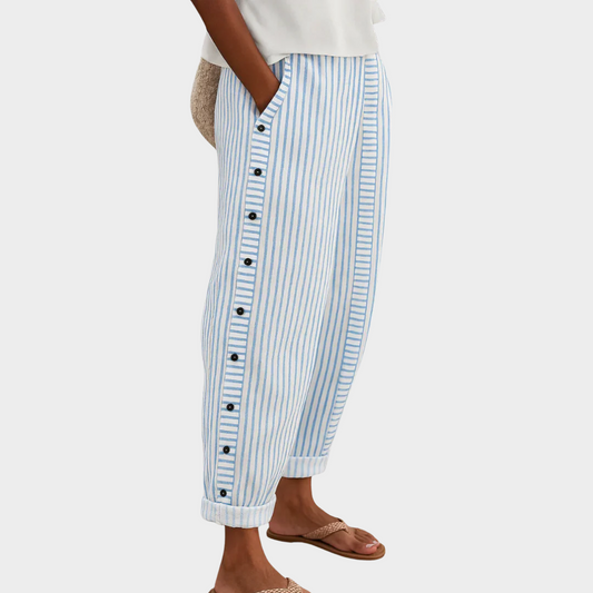 Dames Lange Broek met Hoge Taille en Gestreept Ontwerp Blauw