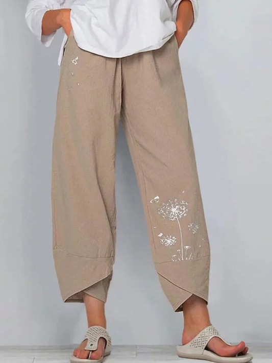 Dames Pantalon met Wijde Pijpen en Elastische Taille Beige
