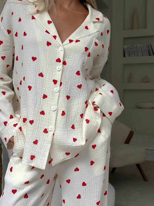 Dames Pyjama Set van Katoen met Hartmotief Wit