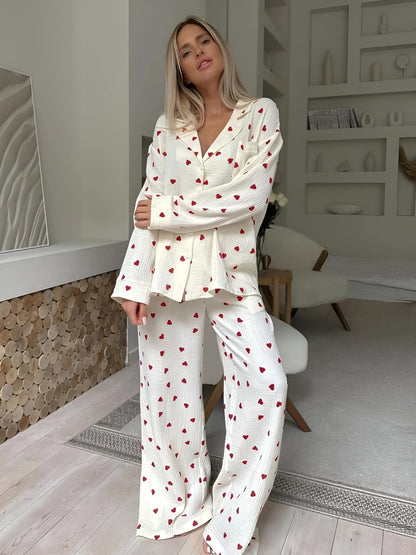 Dames Pyjama Set van Katoen met Hartmotief