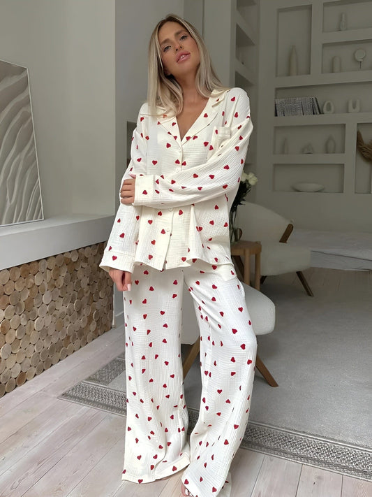Dames Pyjama Set van Katoen met Hartmotief