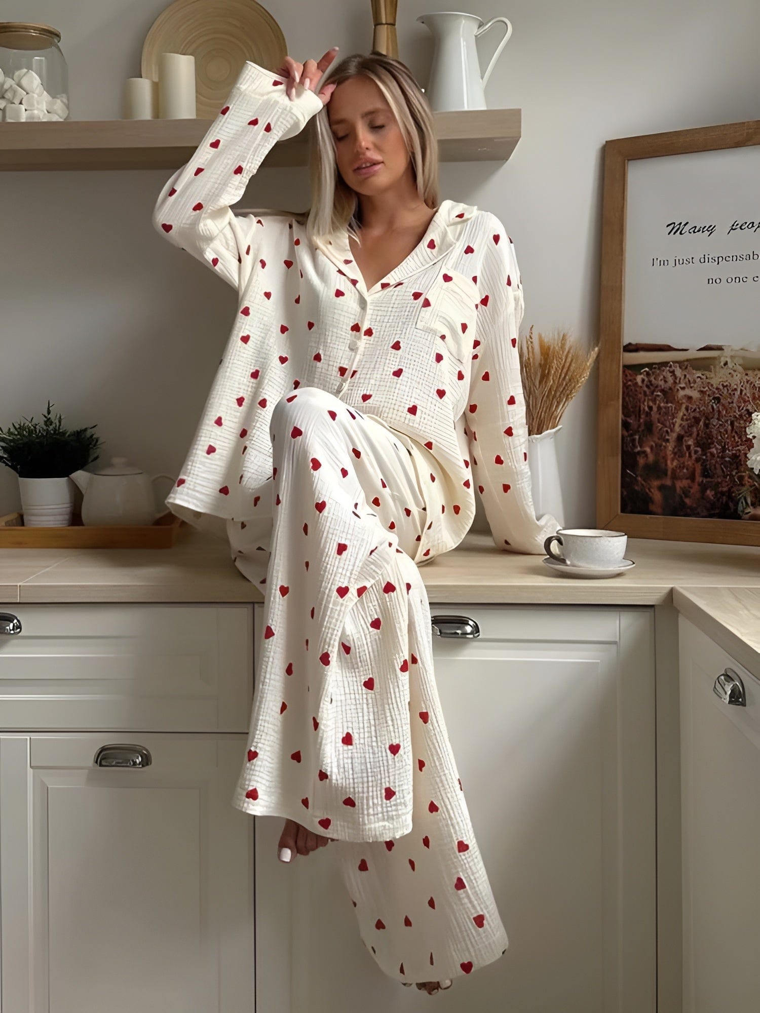 Dames Pyjama Set van Katoen met Hartmotief