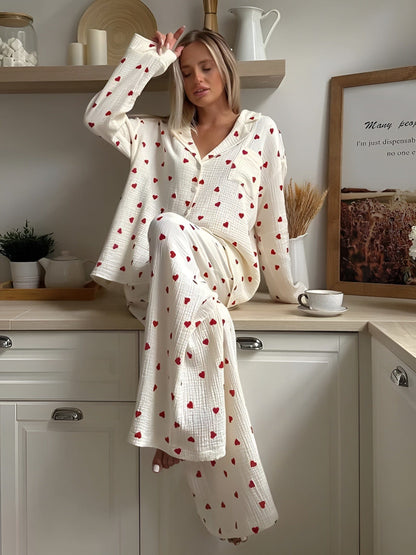 Dames Pyjama Set van Katoen met Hartmotief