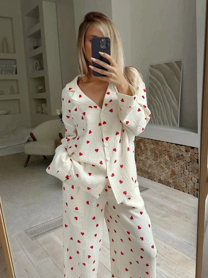Dames Pyjama Set van Katoen met Hartmotief
