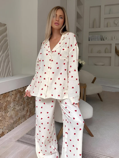 Dames Pyjama Set van Katoen met Hartmotief