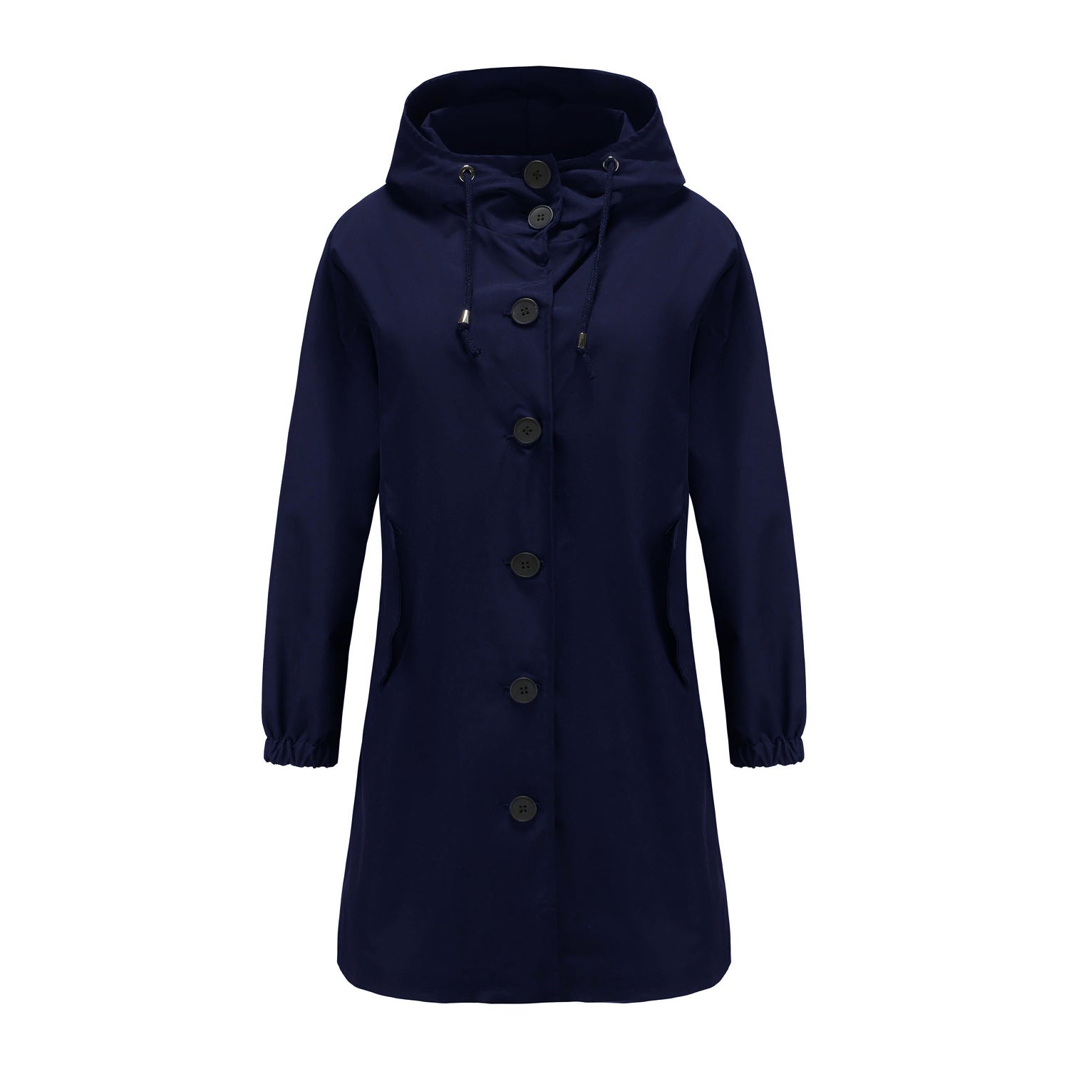 Dames Lange Regenjas met Grote Knopen en Verstelbare Capuchon Donkerblauw