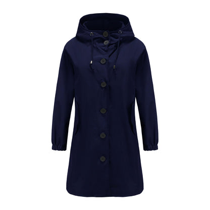 Dames Lange Regenjas met Grote Knopen en Verstelbare Capuchon Donkerblauw
