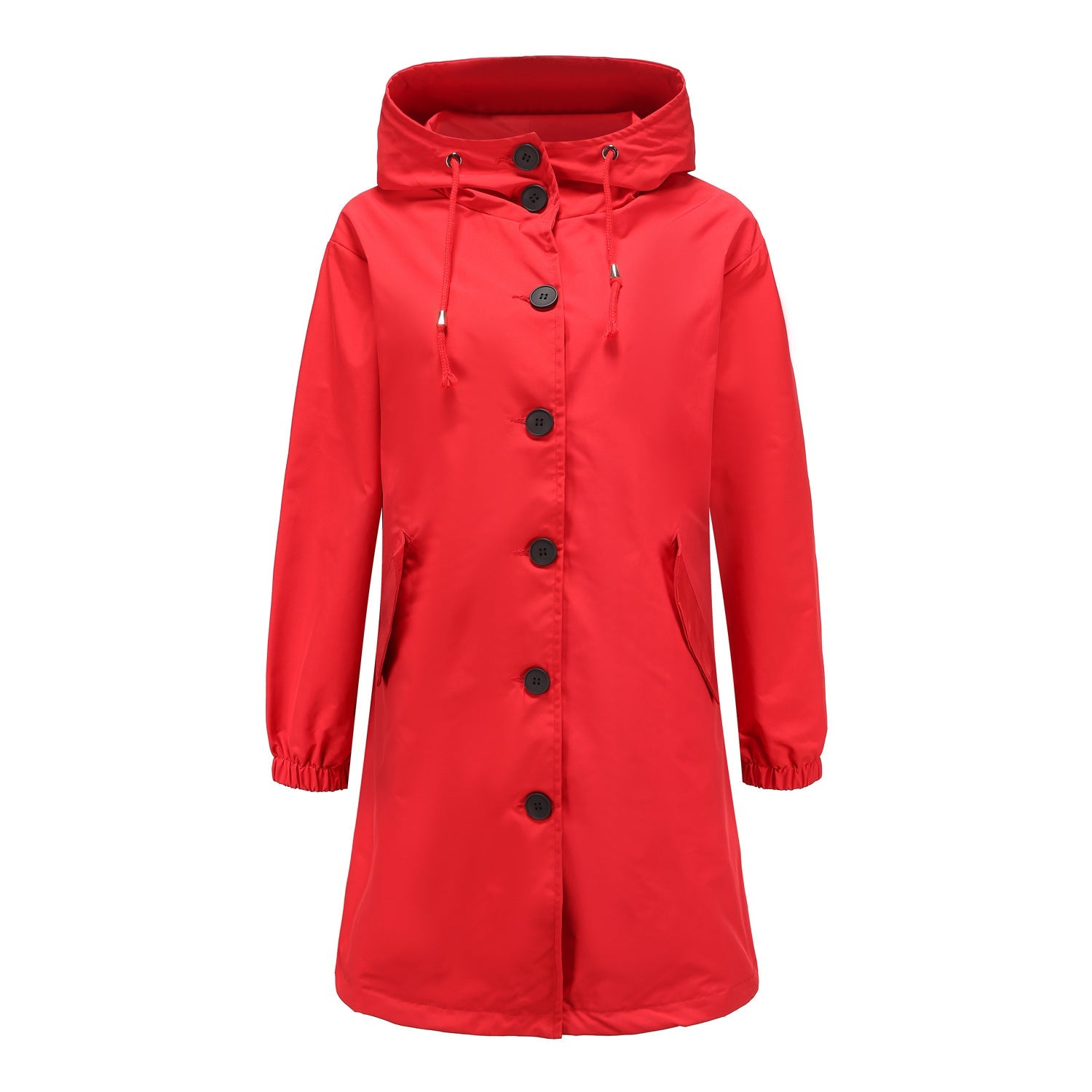 Dames Lange Regenjas met Grote Knopen en Verstelbare Capuchon Rood
