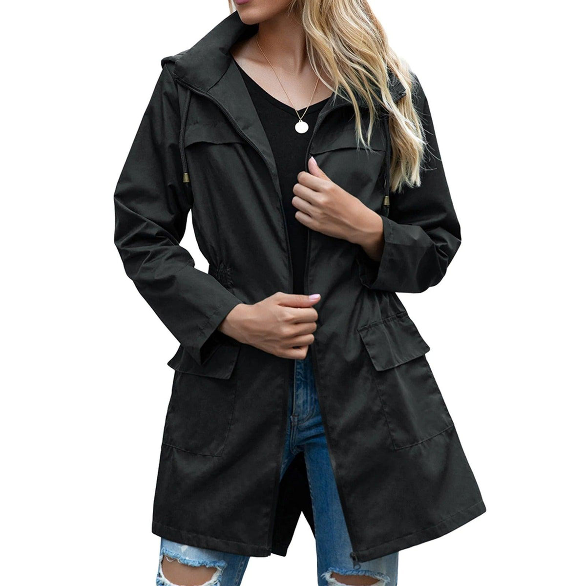 Dames Trenchcoat Regenjas met Geaccentueerde Naden en Praktische Zakken Zwart