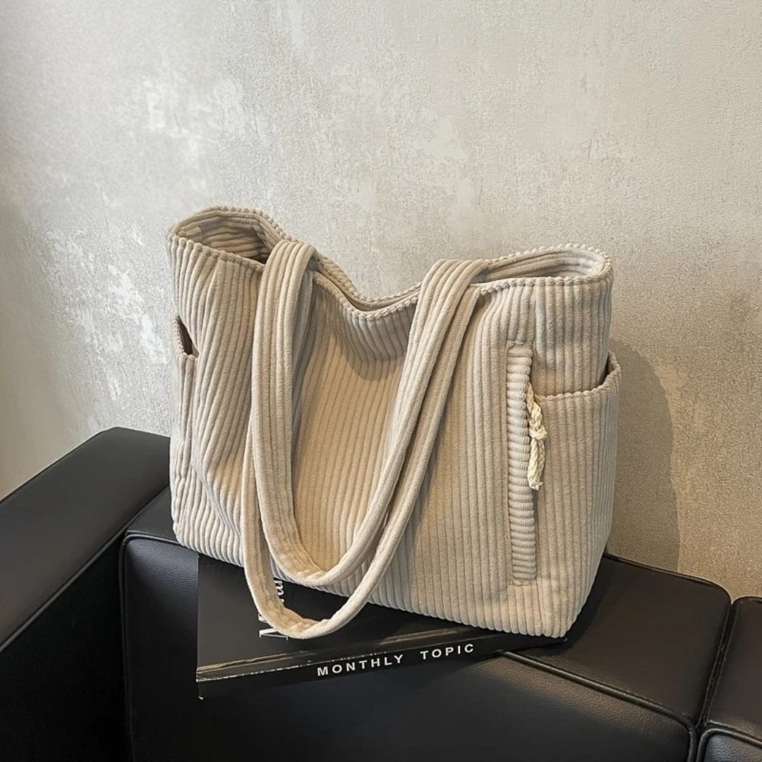 Dames Corduroy Schoudertas met Minimalistisch Ontwerp en Ruime Opbergruimte Beige