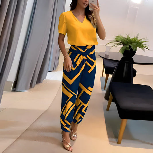 Dames Set met Blouse met Pofmouwen en Broek met Elastische Tailleband Geel