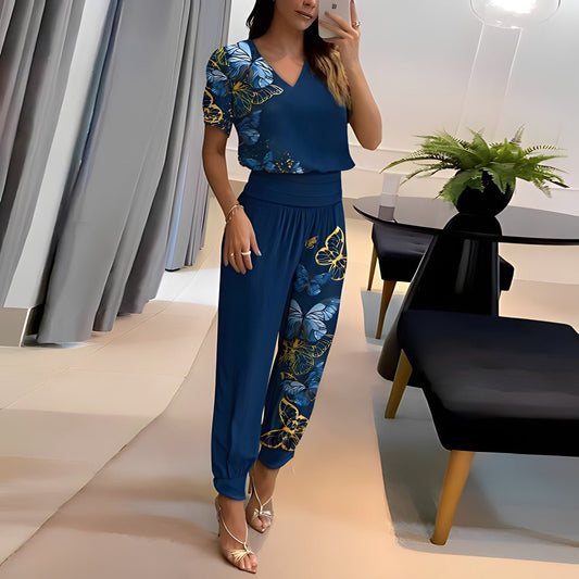 Dames Set met Blouse met Pofmouwen en Broek met Elastische Tailleband Blauw