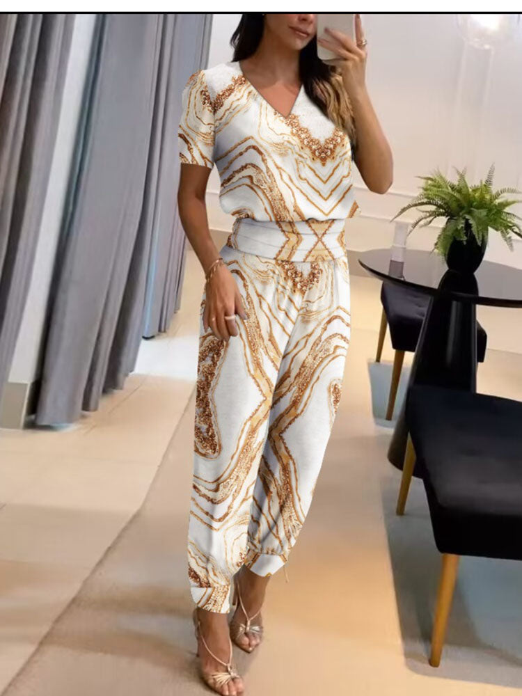 Dames Set met Blouse met Pofmouwen en Broek met Elastische Tailleband Wit