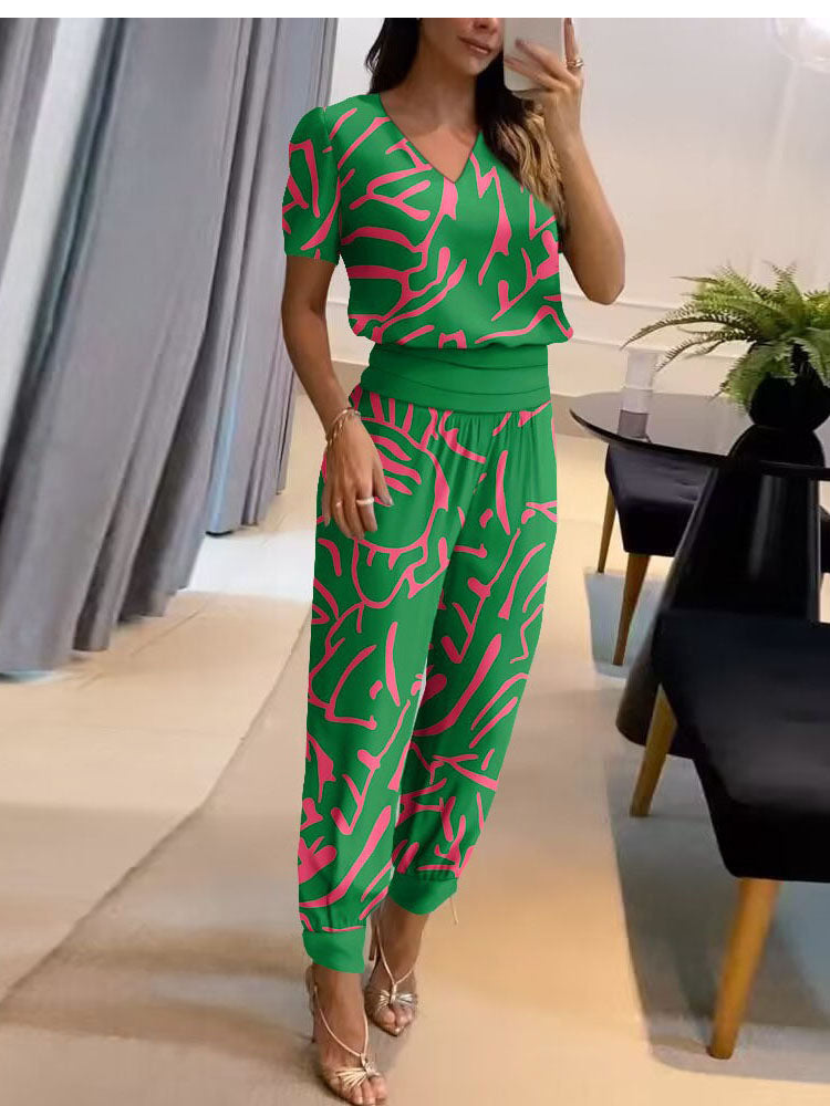 Dames Set met Blouse met Pofmouwen en Broek met Elastische Tailleband Groen