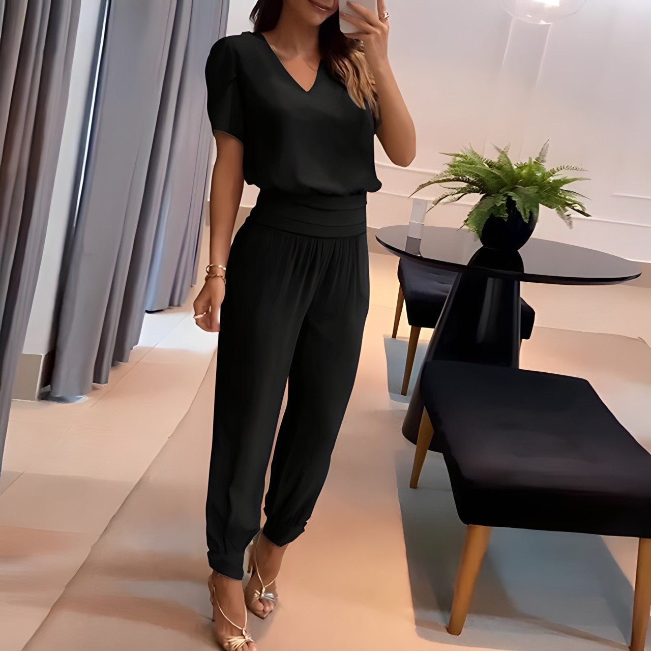 Dames Set met Blouse met Pofmouwen en Broek met Elastische Tailleband Zwart
