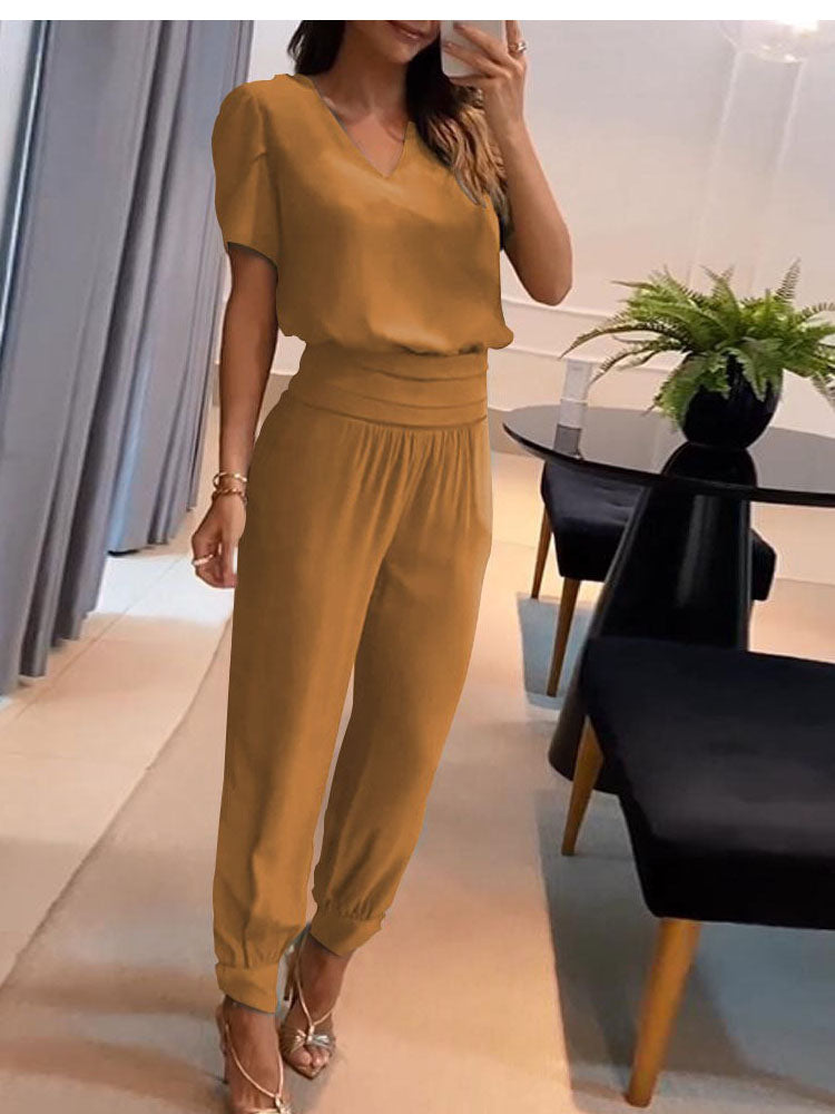Dames Set met Blouse met Pofmouwen en Broek met Elastische Tailleband Bruin