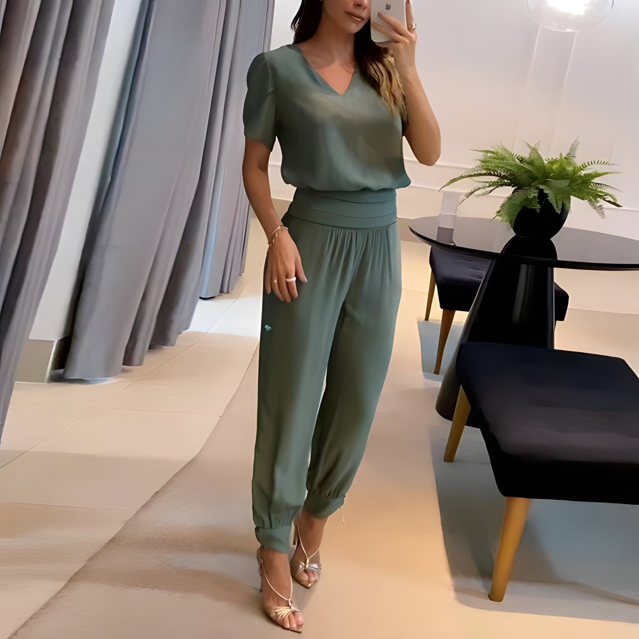 Dames Set met Blouse met Pofmouwen en Broek met Elastische Tailleband Olijfgroen