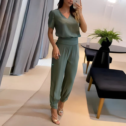 Dames Set met Blouse met Pofmouwen en Broek met Elastische Tailleband Olijfgroen