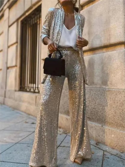 Dames Glitter Pailletten Pak Set met Blazer en Rechte Broek Zilver