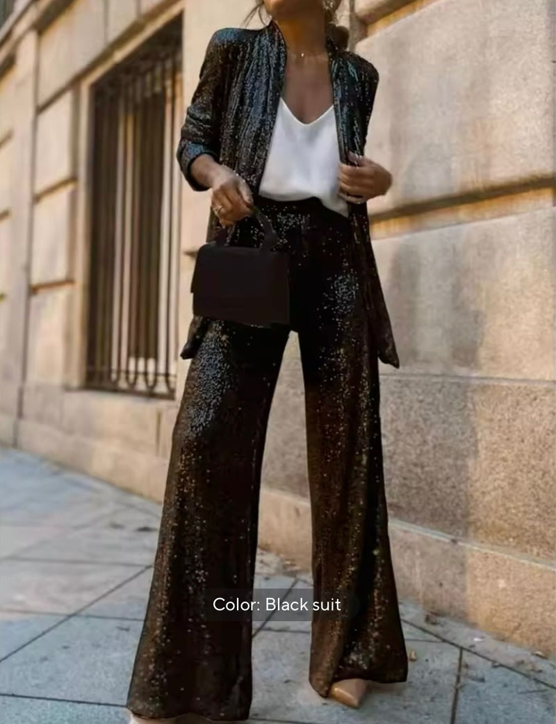 Dames Glitter Pailletten Pak Set met Blazer en Rechte Broek Zwart