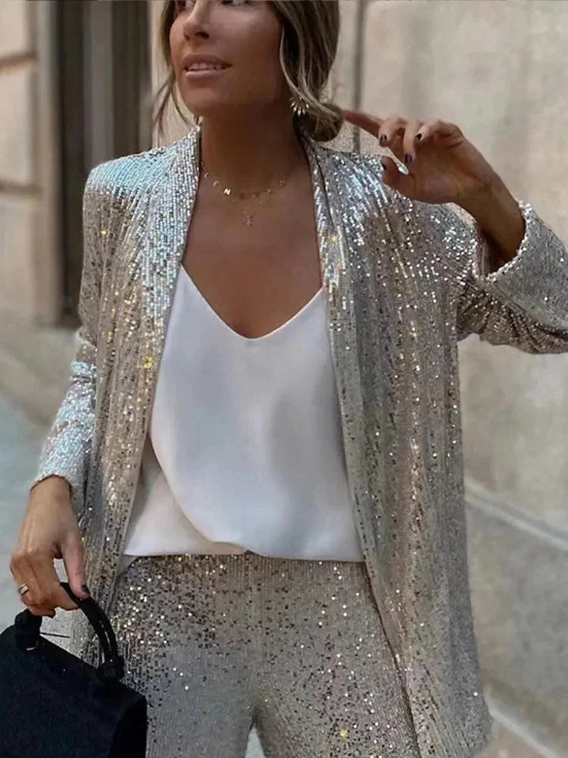 Dames Glitter Pailletten Pak Set met Blazer en Rechte Broek
