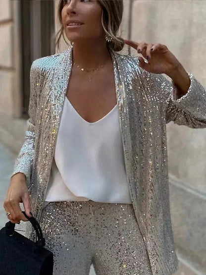 Dames Glitter Pailletten Pak Set met Blazer en Rechte Broek