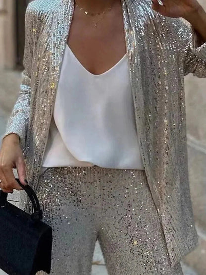 Dames Glitter Pailletten Pak Set met Blazer en Rechte Broek